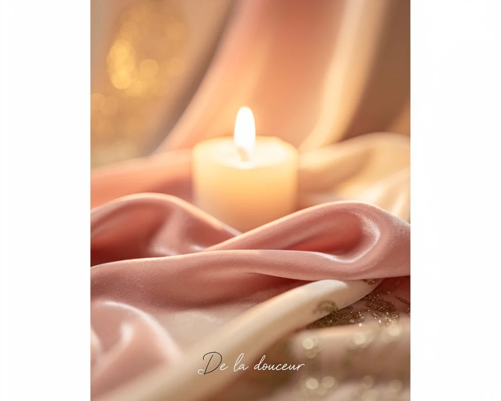 Bougie sur un tissu de satin avec le texte "De la douceur"